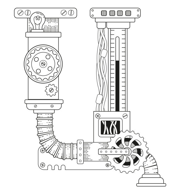 矢量成人着色书。蒸汽朋克西里尔字母。机械字母表制成的金属齿轮和白色背景上的各种细节图片下载