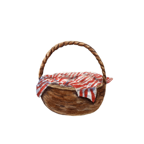 可爱的旧篮子水彩插图。复古乡村野餐篮。柳条对象。手绘艺术。复活节装饰。小红帽的童话故事。老式的木制容器。图片下载