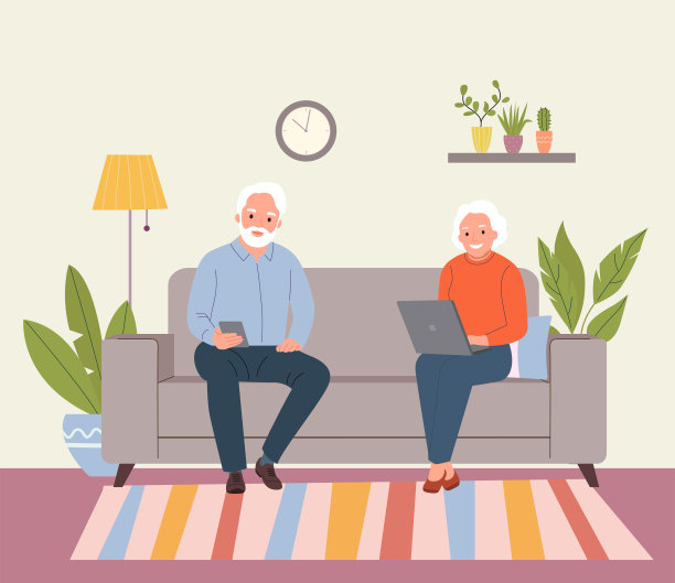 老人和女人坐在舒适的沙发上，在客厅使用笔记本电脑和智能手机。矢量平面风格插图图片下载