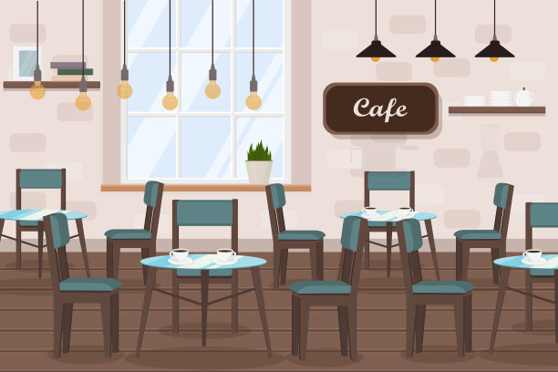 咖啡馆内部有桌子，咖啡机，窗户和吧台图片下载