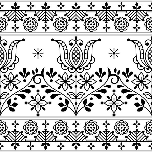 花卉民间轮廓矢量无缝图案与花朵和框架，装饰黑色和白色设计与花朵的灵感来自蕾丝和刺绣斯堪的纳维亚艺术图片下载