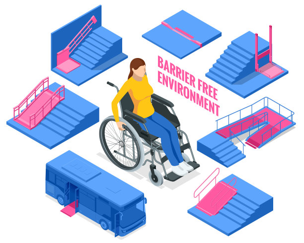 轮椅入口的等距斜坡。混凝土坡道与钢扶手。支持轮椅残疾人的坡道图片下载