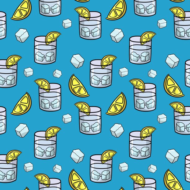 广场无缝模式。一个有一片柠檬和冰块的宽玻璃。图片下载