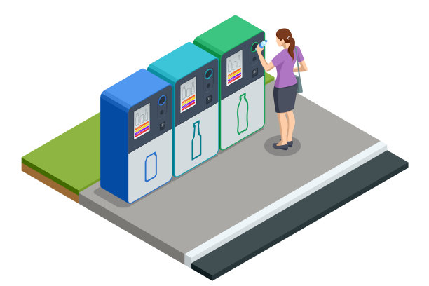 等距回收机孤立在白色。女人把瓶子放进自动贩卖机。反向自动售货机回收机。分发现金的回收机器。图片下载