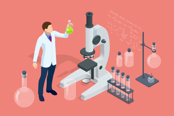 等距化学实验室概念。实验室助理工作在科学、医学、化学或生物实验室设置的实验。实验室诊断图片下载
