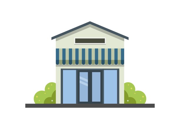 玻璃门商店房屋建筑。简单的平面插图。图片下载