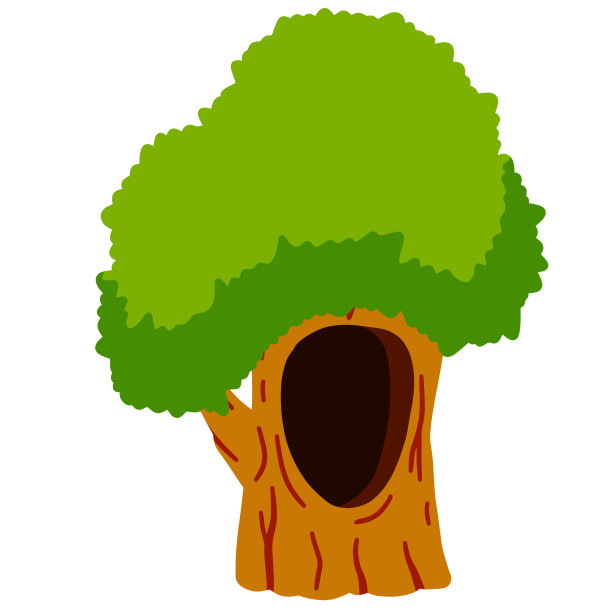 与空心树。木洞。褐色的植物树皮和绿色的叶子。森林动物的窝。图片下载