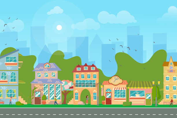 城市街道的野花。明亮的房屋，步行的行人，开花的树木，城市全景。商店和商店。春天的城市。矢量插图在卡通风格。图片下载