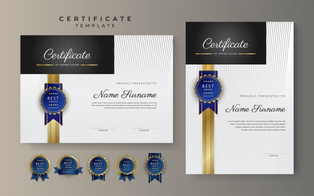 金色和黑色的成就证书边界模板与豪华徽章和现代线模式。为了奖励、商业和教育的需要图片下载