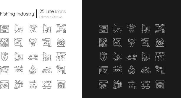 渔业线性图标设置为黑暗和图片下载