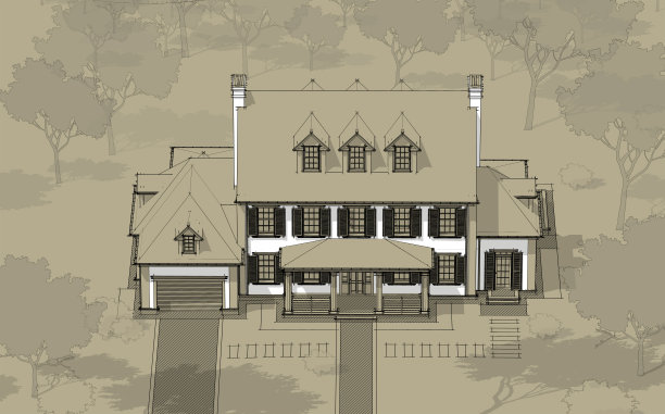 3D渲染：殖民风格的现代经典住宅，牛皮纸背景上的黑色线条图片下载