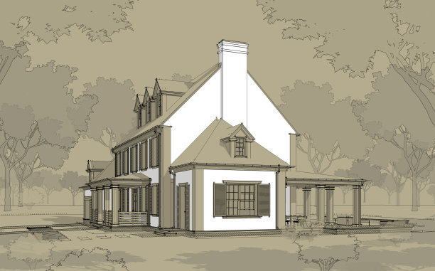 在工艺背景上的殖民风格黑线现代古典房屋的3d渲染图片下载