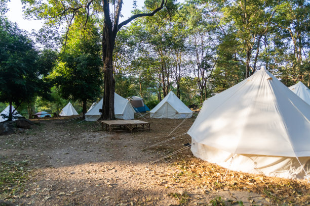 露营地与白色帆布帐篷和山林在自然公园的背景。图片下载