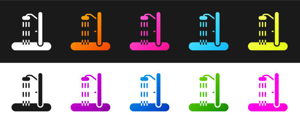 设置海滩淋浴图标孤立的黑色和白色图片下载