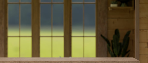 质朴的木质桌面，背景中窗口上方有空白的复制空间。图片下载