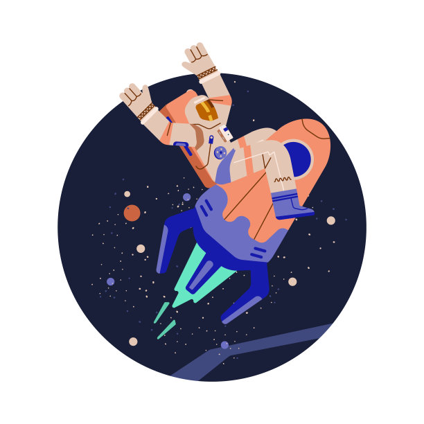 宇航员在火箭上飞行，矢量平面插图在一个奇妙的背景。图片下载
