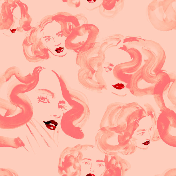 无缝模式的幻想迷人的女孩波浪形头发(黑色，白色和红色)图片下载