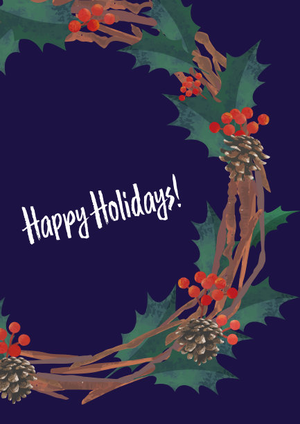 圣诞贺卡，冬青花环。水彩插画(竖长A3、A4比例)图片下载