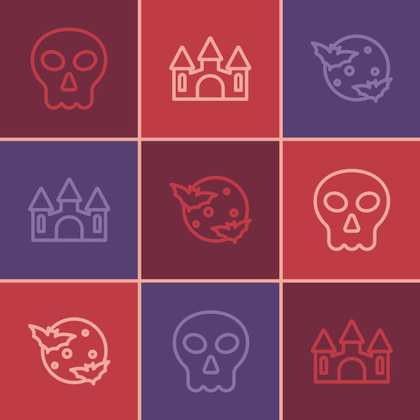 设置线条骷髅月亮和星星和城堡图标图片下载