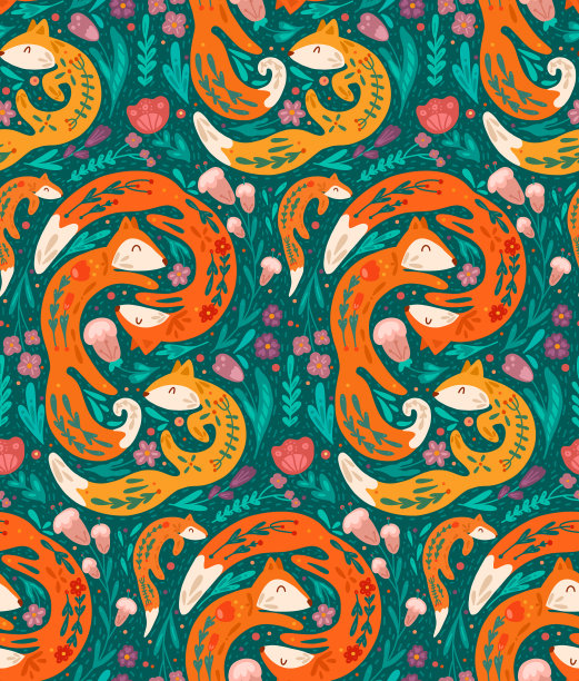 无缝图案与狐狸家族与民间图片下载