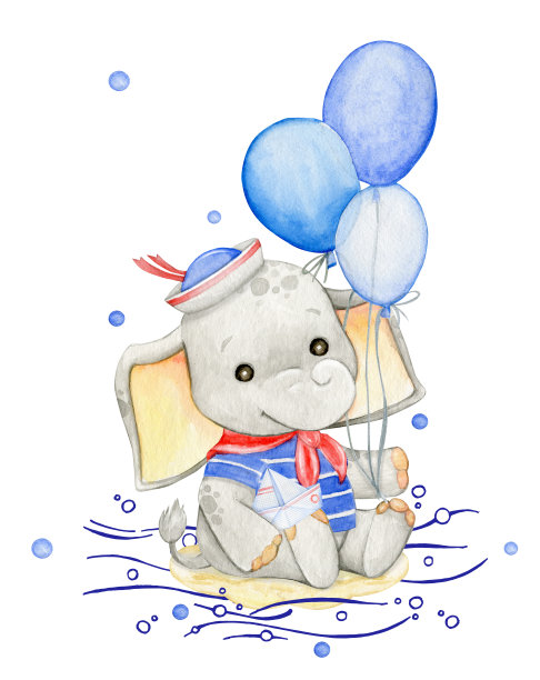 可爱的小象，坐着拿着气球和纸船。水彩剪纸，在卡通风格，在一个违章的背景。图片下载