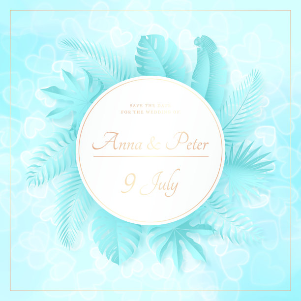 热带蓝绿色的婚礼旗帜上有闪亮的心形图案图片下载