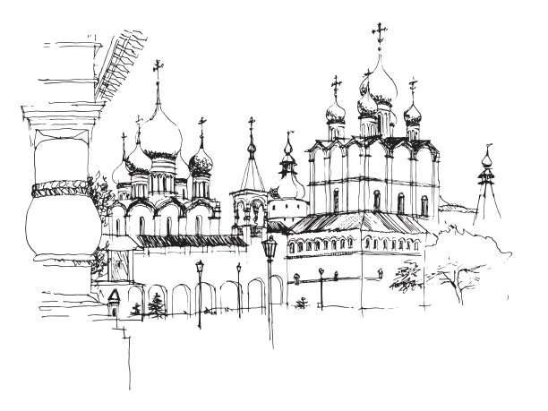 矢量描画黑白墨水和钢笔手绘景观与建筑整体罗斯托夫克里姆林宫，俄罗斯图片下载