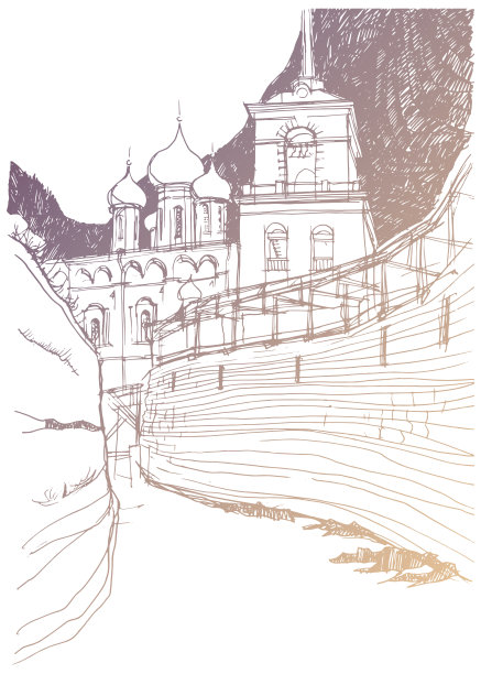 普斯科夫的古砖墙和克林姆林宫的三位一体大教堂的钟楼。矢量描墨水和钢笔素描图片下载