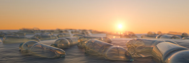 漂浮在海洋上的塑料瓶3d渲染图片下载