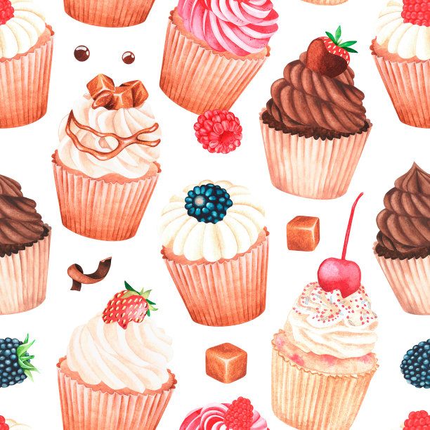 蛋糕无缝模式。水彩插图。孤立在白色背景上。图片下载