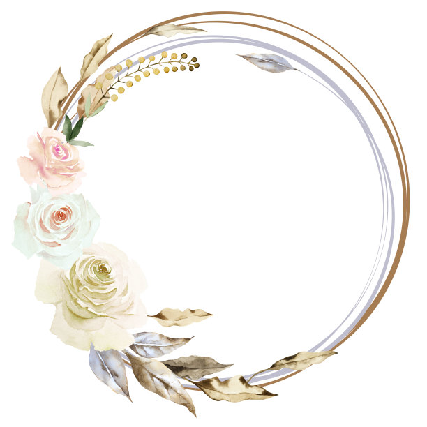 圆的花框架精致的白色玫瑰与棕色的叶子和草本孤立在白色的背景。手画水彩。副本的空间。图片下载
