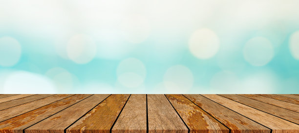 模糊自然蓝色海洋梯度辉光背景墙与复古棕色木纹理面板颜色背景桌面广告，展示，推广产品的展示图片下载