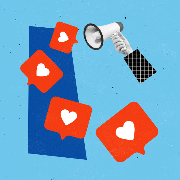 当代艺术拼贴。扩音器和社交媒体喜欢孤立的蓝色背景。互联网信息图片下载