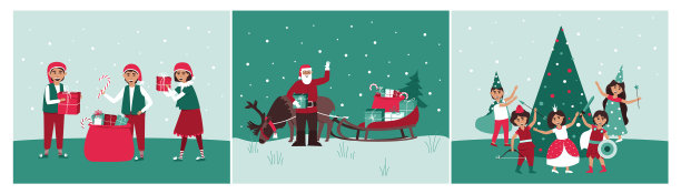 一套圣诞卡片与圣诞老人，孩子和图片下载