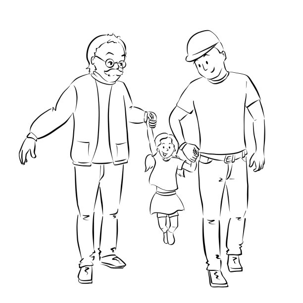爷爷、爸爸和女儿手牵着手，走着跳着。父亲和养育。图片下载