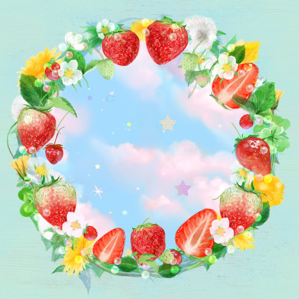 水彩框卡片插图花花环框架蒲公英，棉花和四叶三叶草和新鲜草莓，白色的花和植物在手绘风格。图片下载