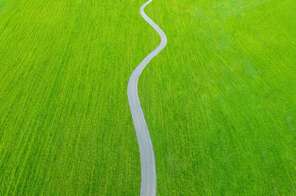 蜿蜒的柏油路覆盖着绿色的草地。空中简约的背景图片下载