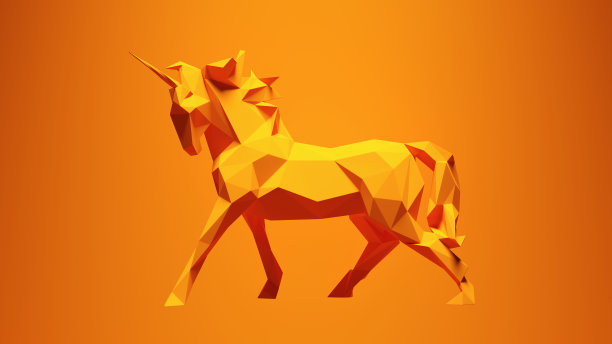 独角兽活力橙色幻想神奇动物马纸三角形低聚雕像动物图片下载