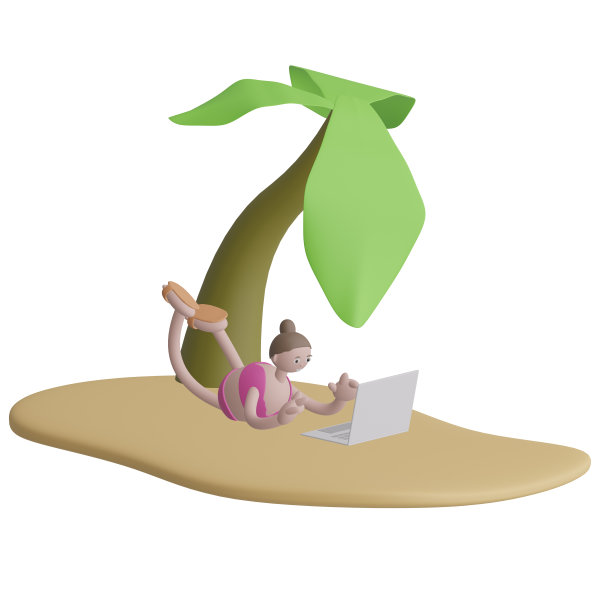 卡通风格的女孩穿着粉色泳衣在掌上电脑前工作。3 d演示。图片下载