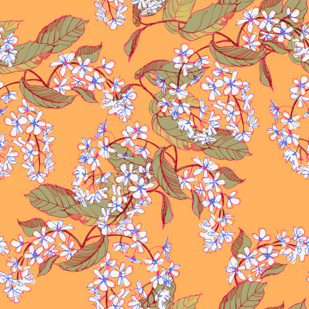 盛开的鸟樱桃杏子背景，无缝图案，背景春天手绘插图图片下载