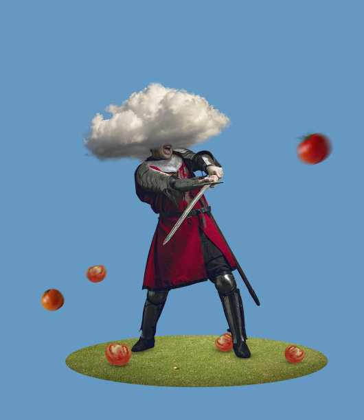 当代艺术拼贴。想法、灵感、抱负和创造力。有趣的中世纪骑士喜欢电脑游戏的蓝色背景。图片下载