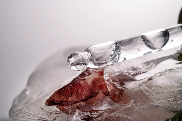 移液管放在一大块有冰冻花朵的冰上。图片下载