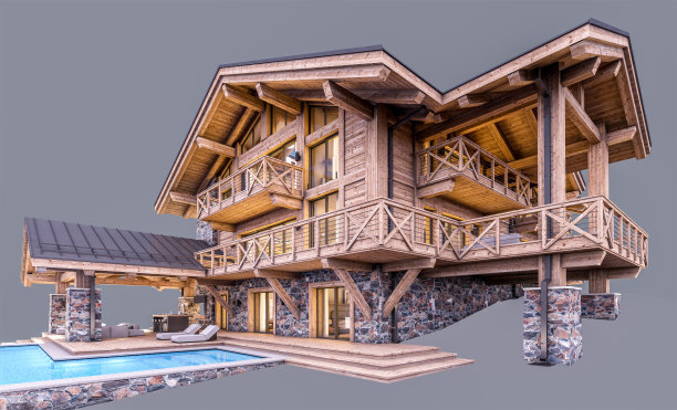 3d渲染现代舒适小屋在傍晚孤立在灰色上图片下载