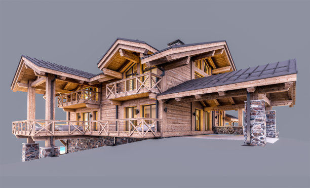 3d渲染现代舒适小屋在傍晚孤立在灰色上图片下载