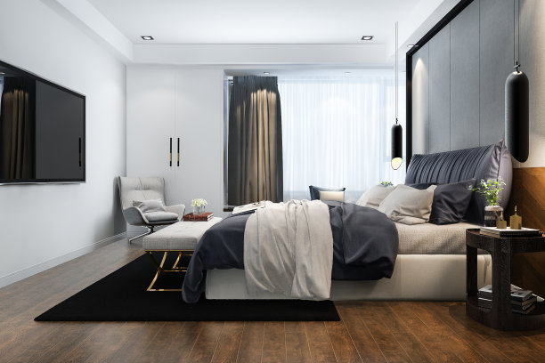 3d渲染美丽的酒店豪华卧室套房与电视图片下载