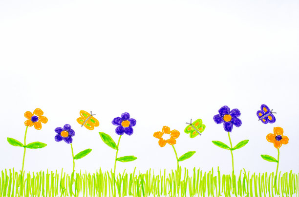 美丽的花朵和蝴蝶。孩子们用毡头笔画画。图片下载