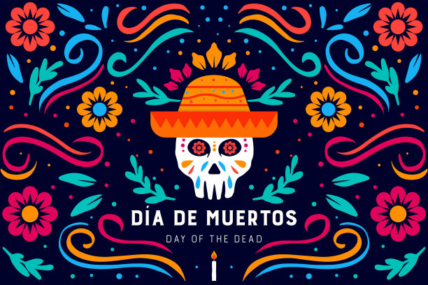 D一个亡灵节用的头盖骨和帽子图片下载