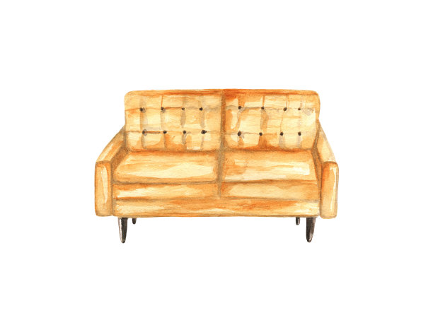 水彩复古沙发插图。时尚时尚的居室家具元素孤立在白色上。季节性装饰，贺卡，贴纸，海报或室内博客图标。手绘温馨家图片下载