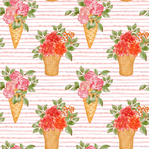 花束华夫蛋筒冰淇淋。冰淇淋。水彩无缝图案与玫瑰花束在锥形脆饼。手绘水彩插图。包装甜点的设计。图片下载