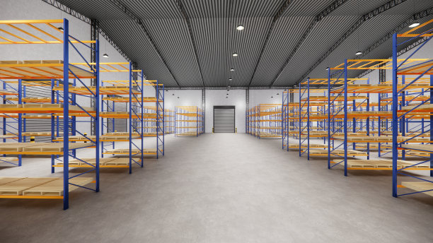物流中心内仓库空无一人。阁楼现代储藏室。3d渲染图片下载